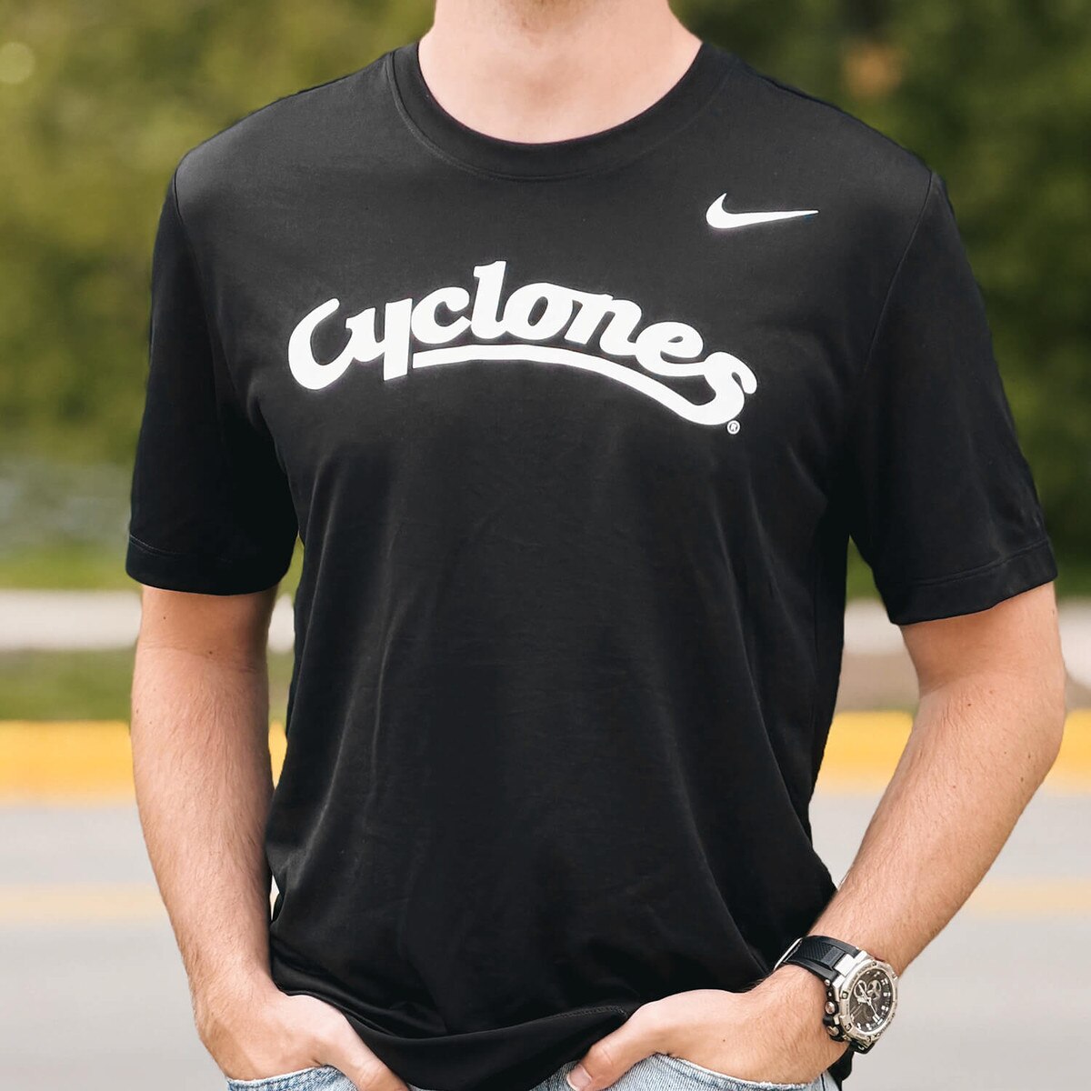 Nike Cyclones Script Black Dri-FIT Short Sleeve T-shirt design close up